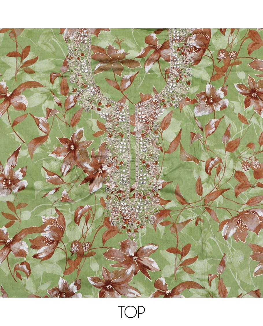 Green material chudidhar set, floral print & embroidered rayon top, plain bottom & embroidered dupatta