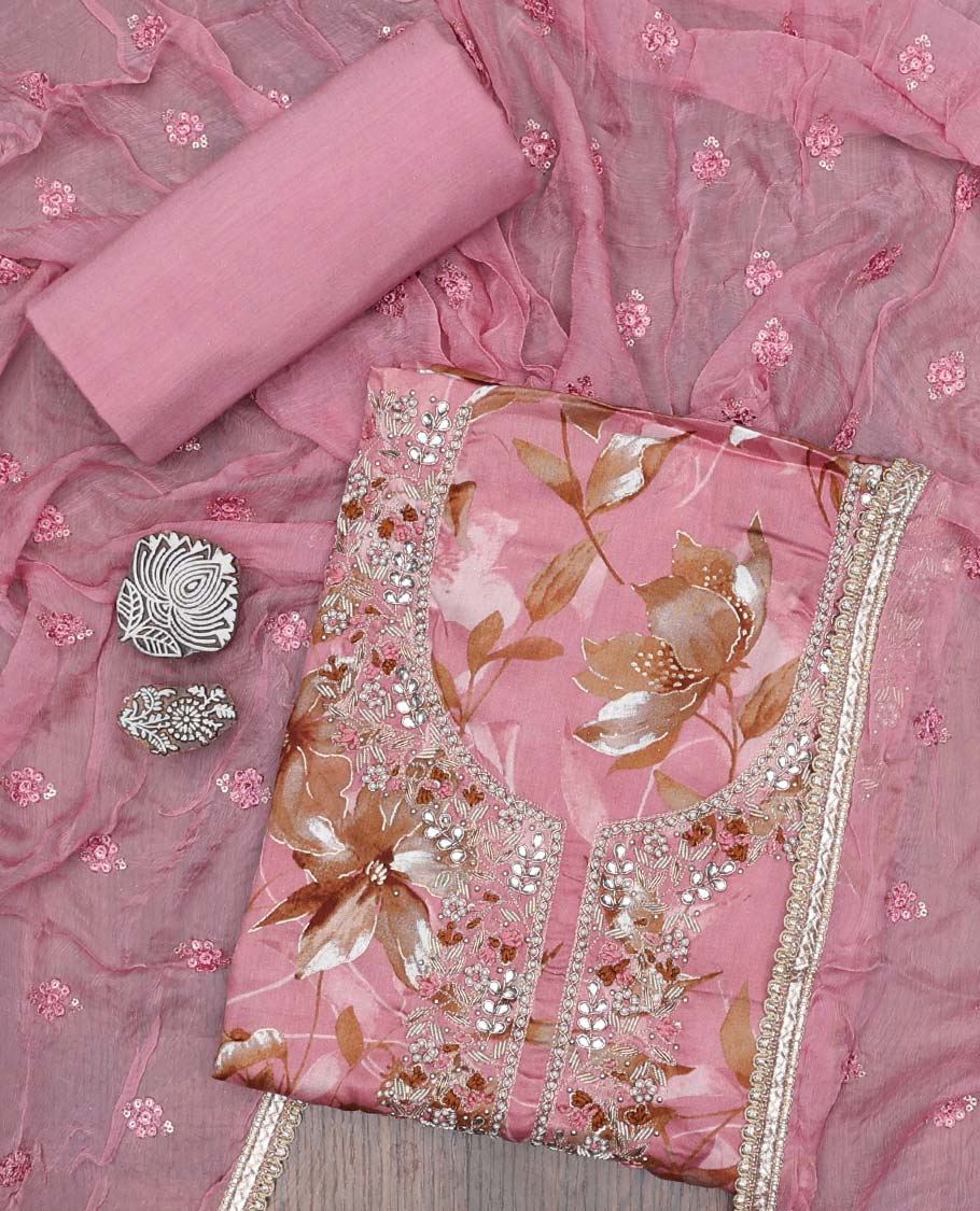 Pink material chudidhar set, floral print & embroidered rayon top, plain bottom & embroidered dupatta