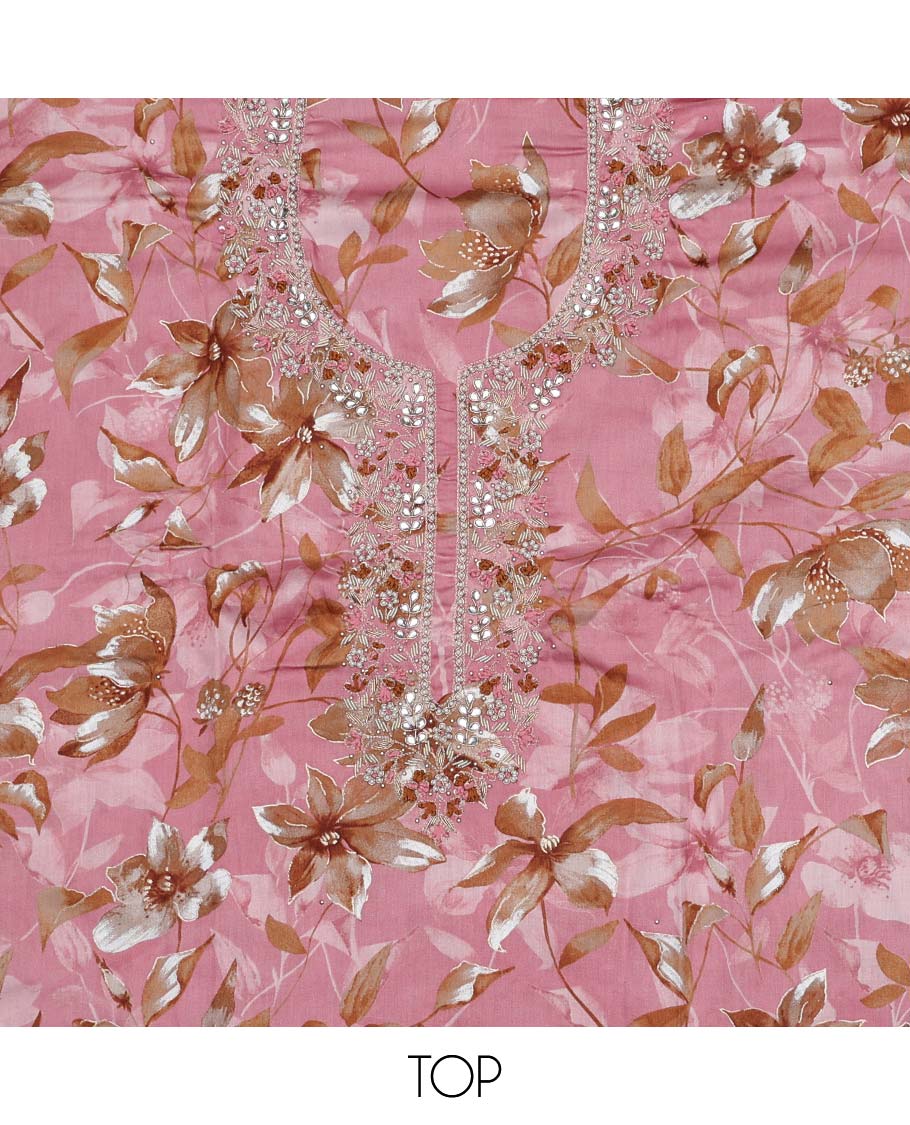 Pink material chudidhar set, floral print & embroidered rayon top, plain bottom & embroidered dupatta
