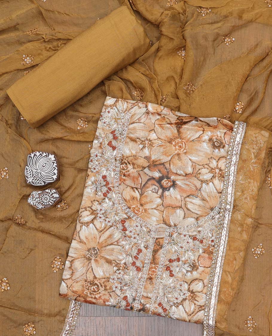 Brown material chudidhar set, floral print & embroidered rayon top, plain bottom & embroidered dupatta