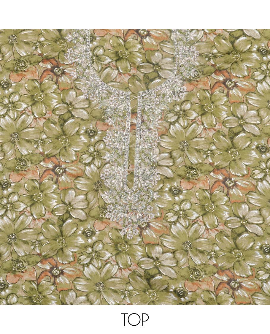 Green material chudidhar set, floral print & embroidered rayon top, plain bottom & embroidered dupatta