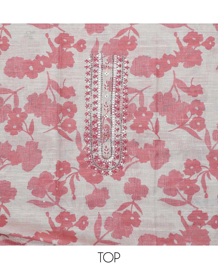 Pink material chudidhar set, floral print & neck embroidered cotton top, contrast plain bottom & thread work dupatta