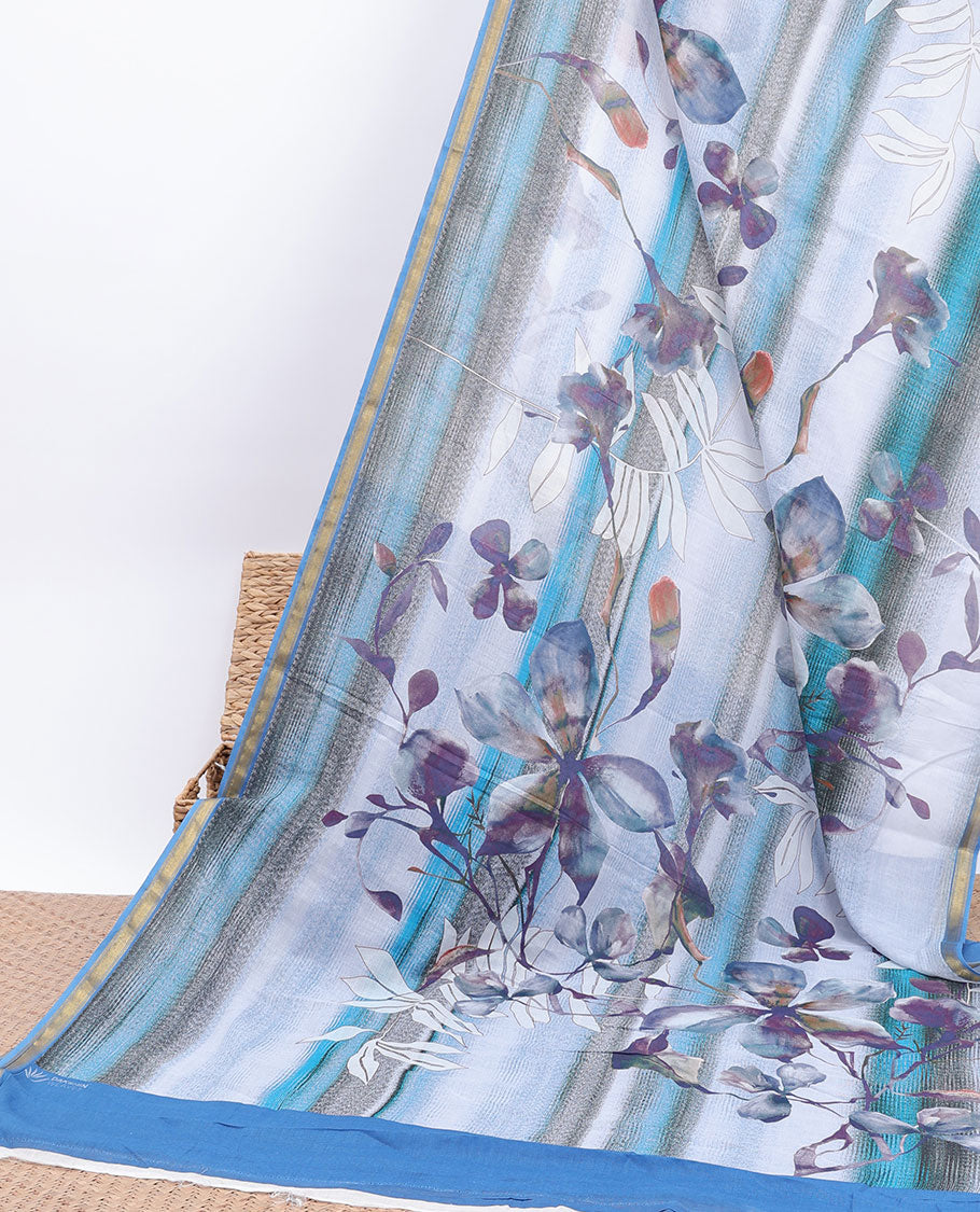 Blue abstract & floral printed kuppadam cotton saree, zari border & floral printed pallu