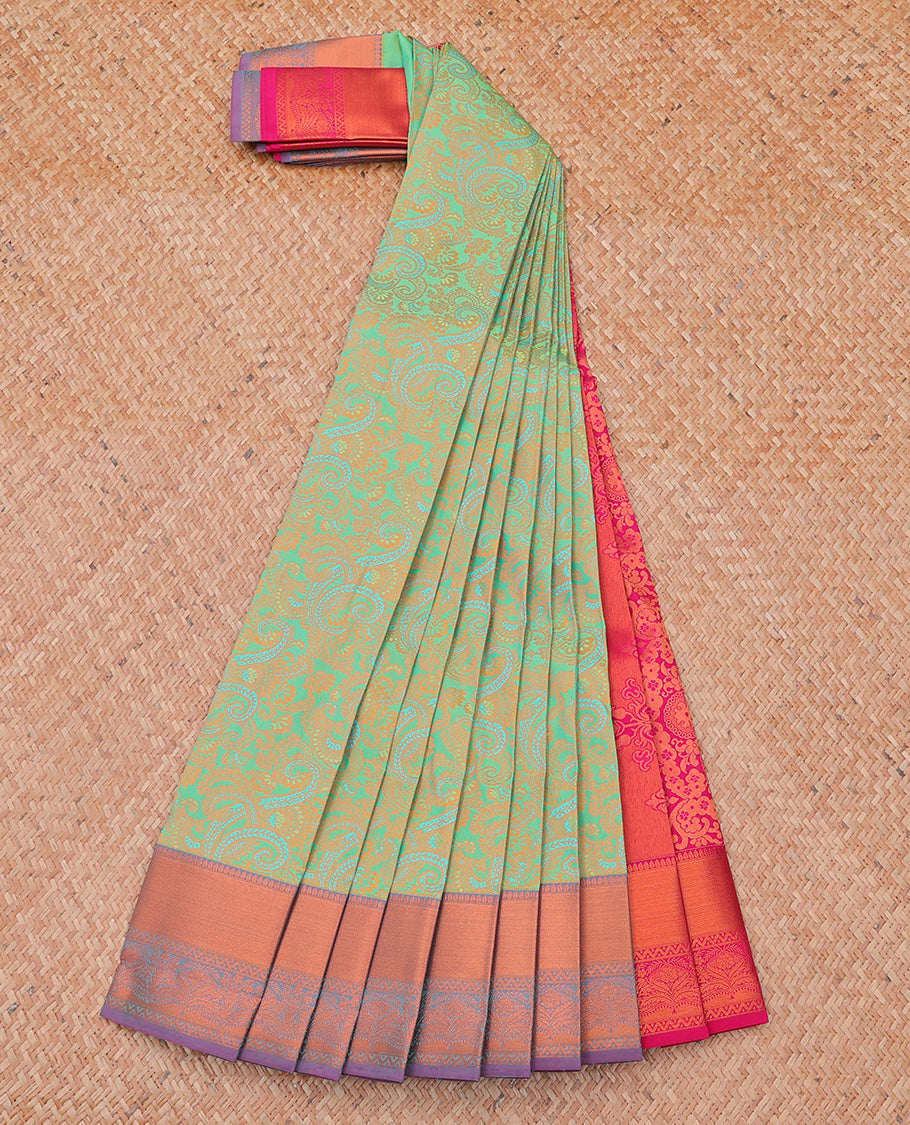 Green jacquard budget cotton saree, contrast traditional zari design border & pallu of intricate designs
