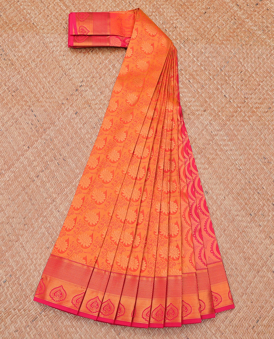 Orange jacquard budget cotton saree, contrast traditional zari design border & pallu of intricate designs