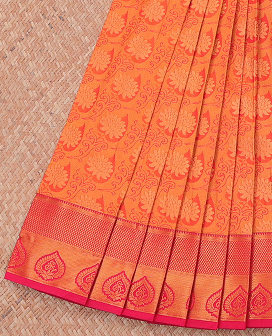 Orange jacquard budget cotton saree, contrast traditional zari design border & pallu of intricate designs