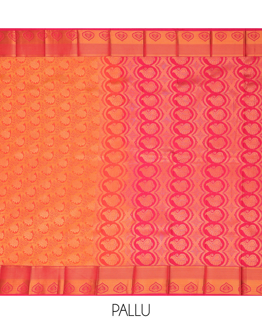 Orange jacquard budget cotton saree, contrast traditional zari design border & pallu of intricate designs