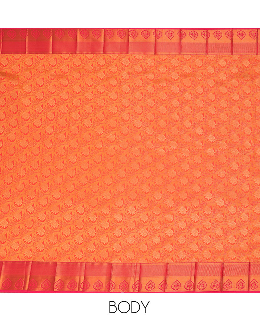 Orange jacquard budget cotton saree, contrast traditional zari design border & pallu of intricate designs