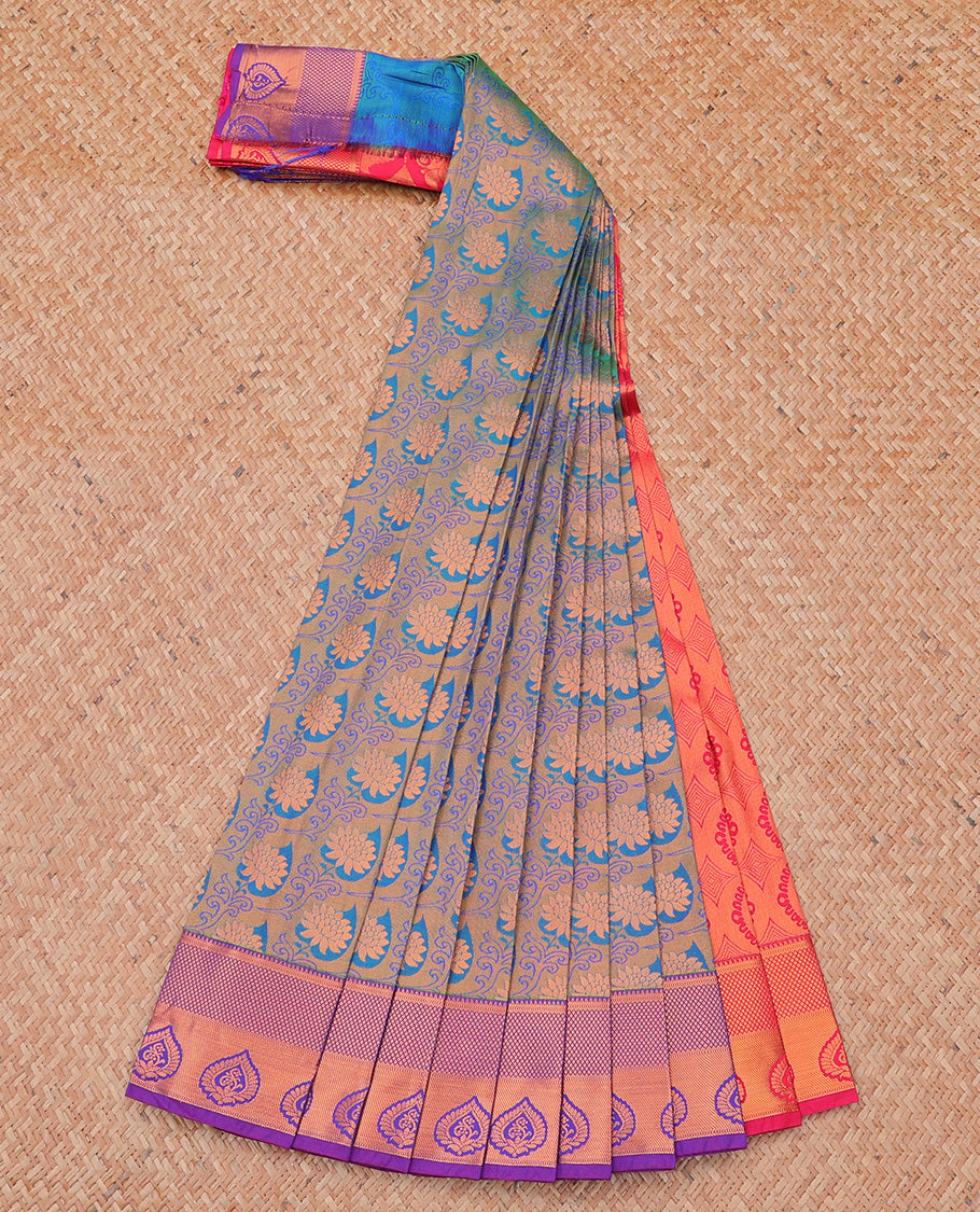 Blue jacquard budget cotton saree, contrast traditional zari design border & pallu of paisley designs