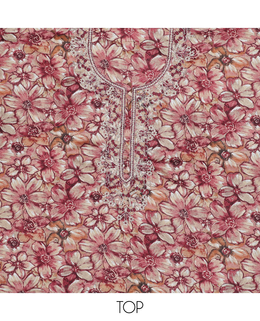 Maroon material chudidhar set, flower printed & embroidery top, plain bottom & sequins embroidered dupatta