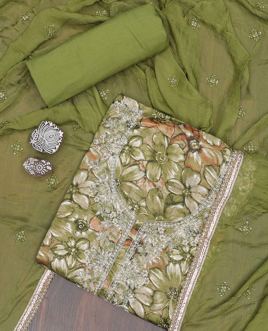Green material chudidhar set, floral print & embroidery top, plain bottom & sequins embroidered dupatta