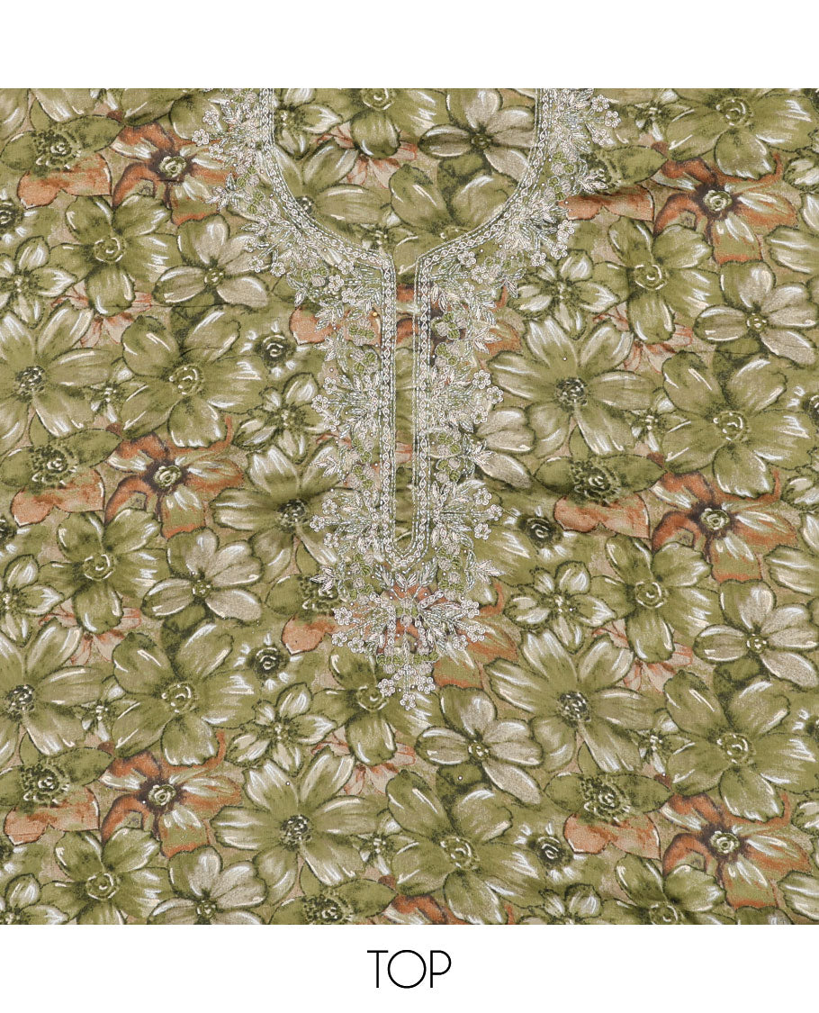 Green material chudidhar set, floral print & embroidery top, plain bottom & sequins embroidered dupatta