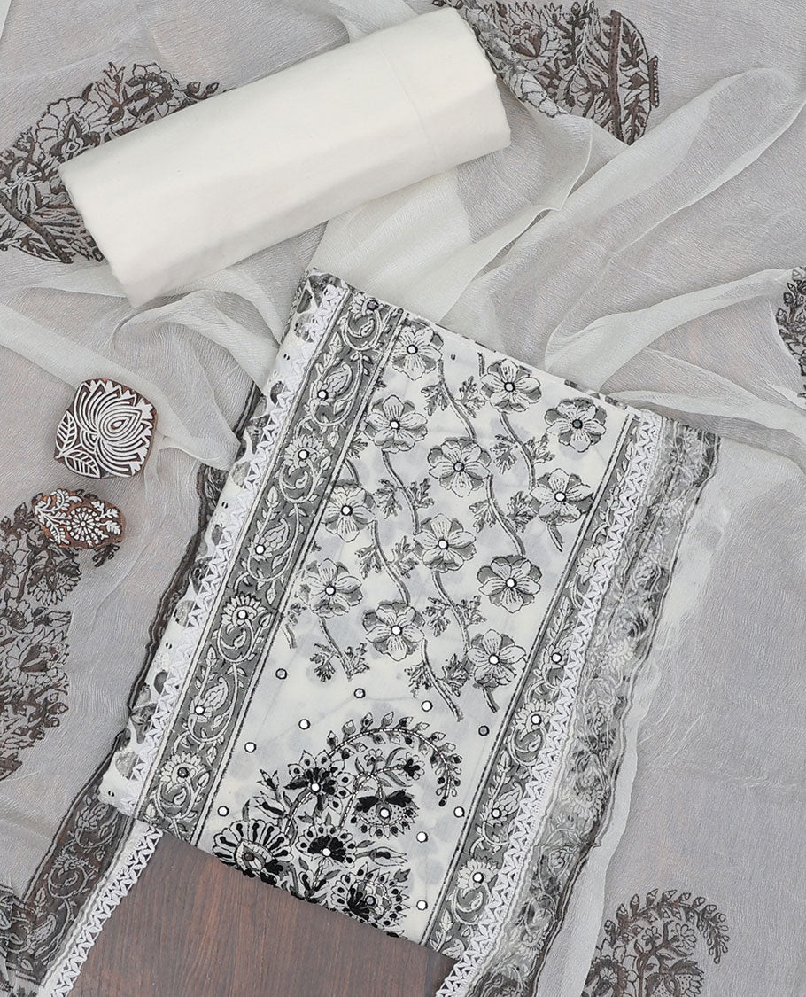 Cream material chudidhar set, floral print & embroidery top, plain bottom & floral printed dupatta