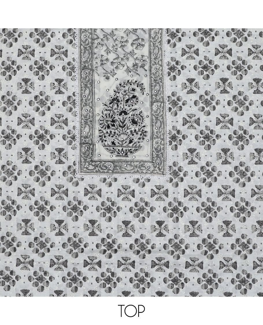 Cream material chudidhar set, floral print & embroidery top, plain bottom & floral printed dupatta