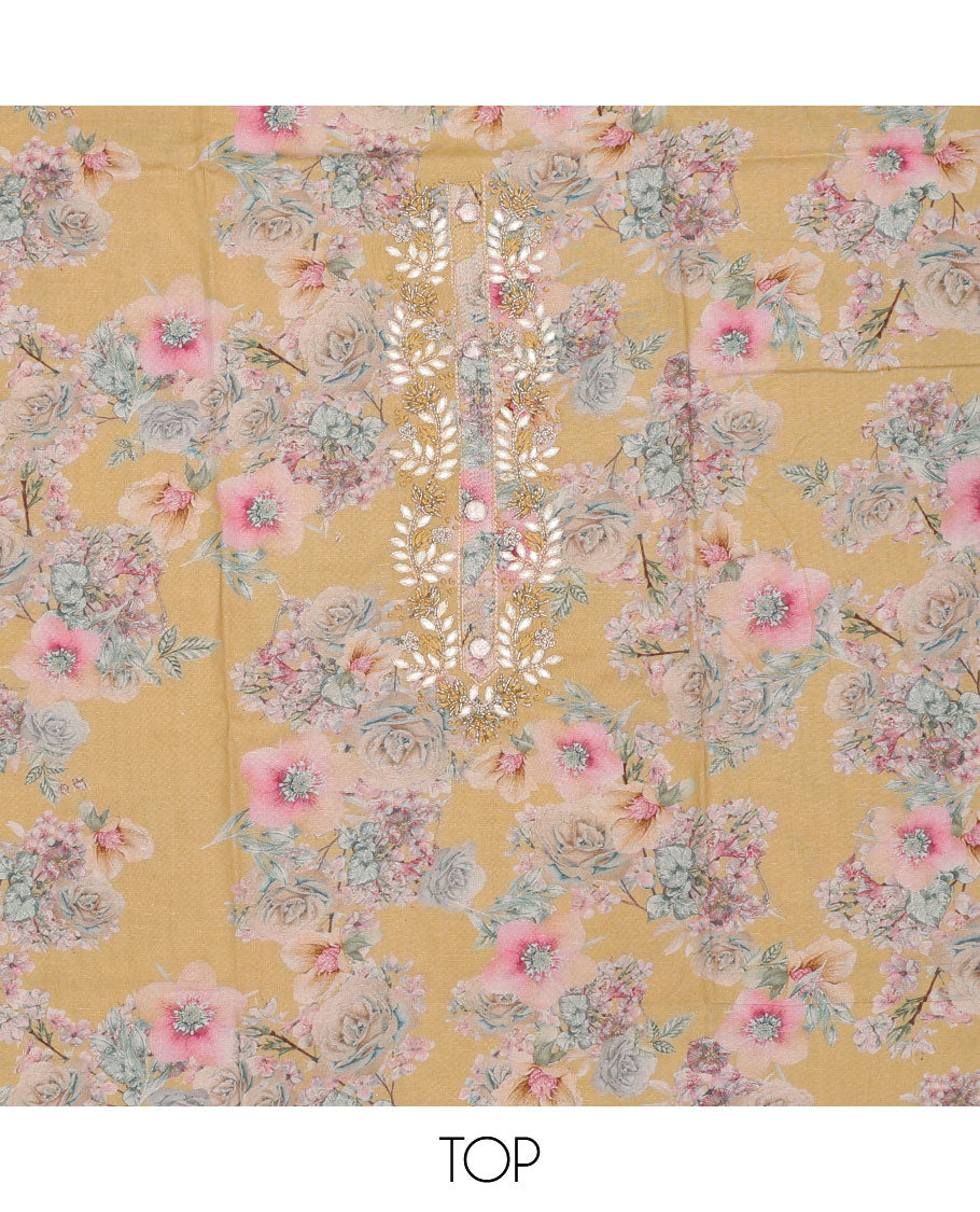 Mustard material chudidhar set, floral print & embroidery top, plain bottom & solid dupatta