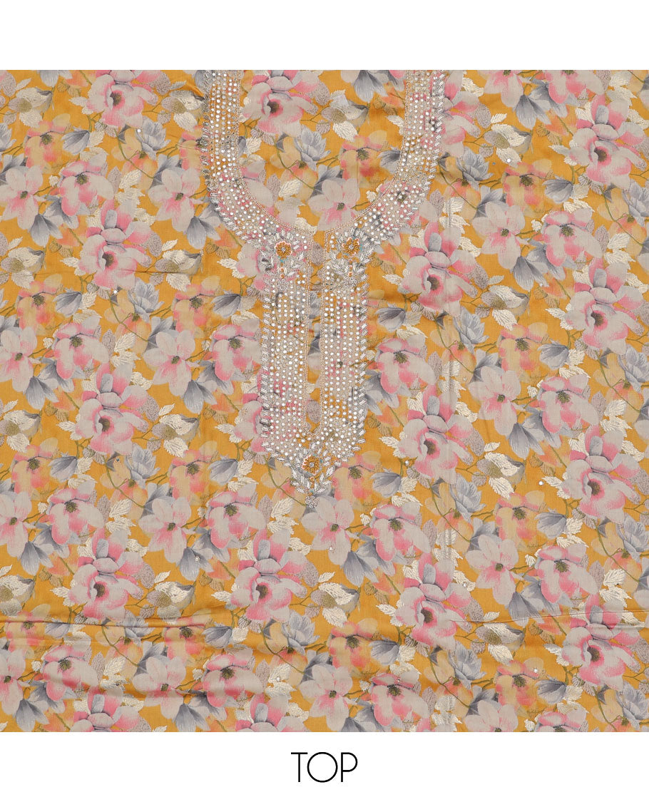 Mustard material chudidhar set, floral print & neckwork top, plain bottom & striped dupatta