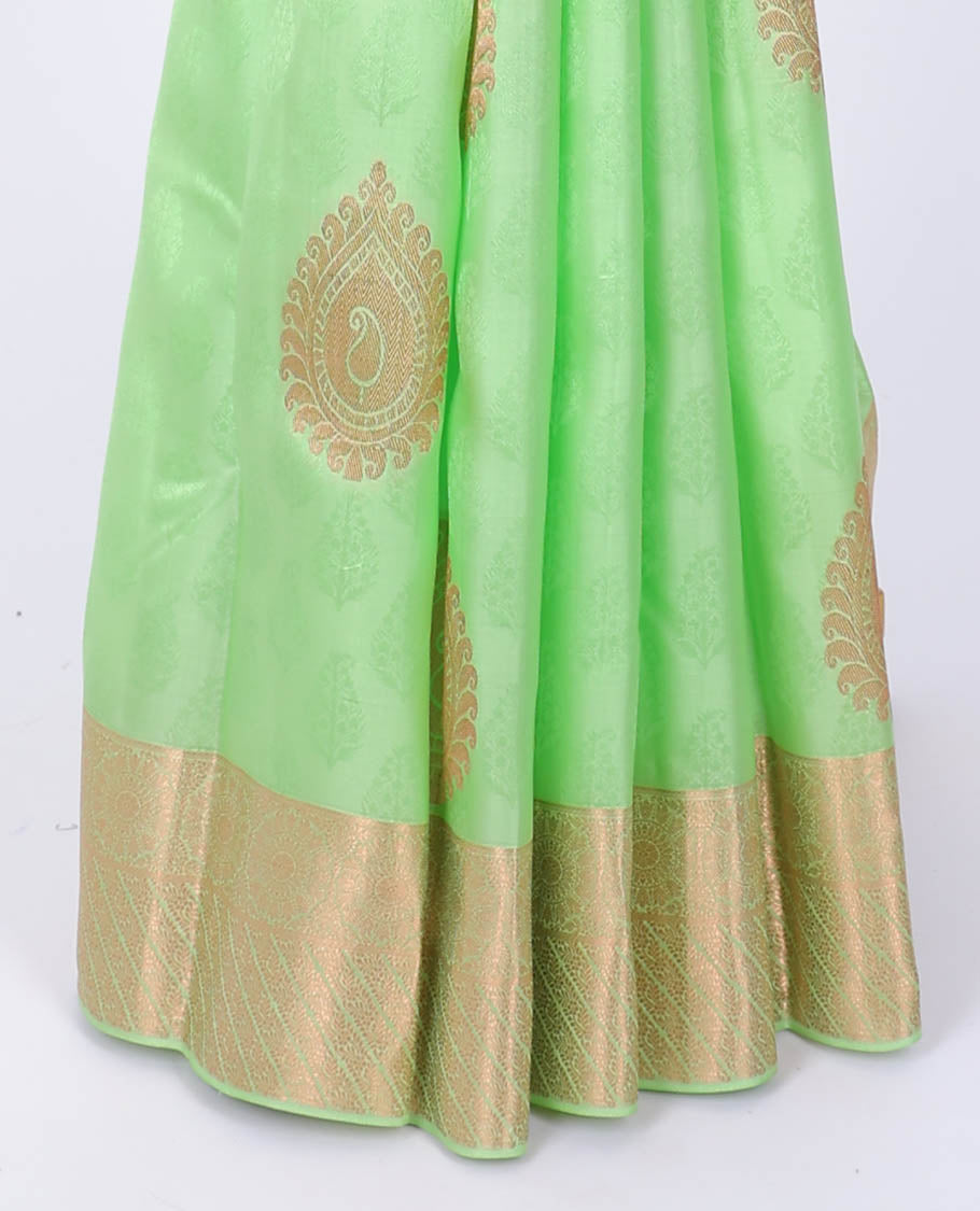 Green embossed bangalore silk saree with zari buttas, traditional zari border & pallu of jaal designs