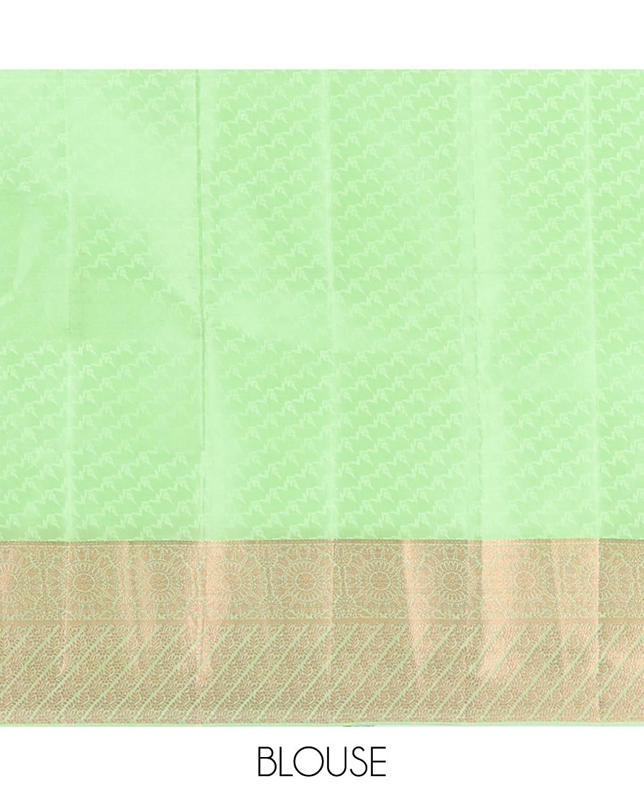 Green embossed bangalore silk saree with zari buttas, traditional zari border & pallu of jaal designs