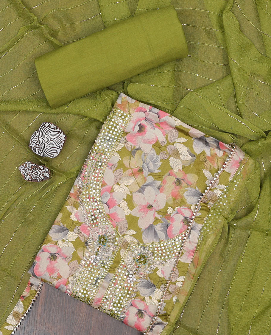 Green material chudidhar set, floral printed & embroidered top, plain bottom & striped dupatta