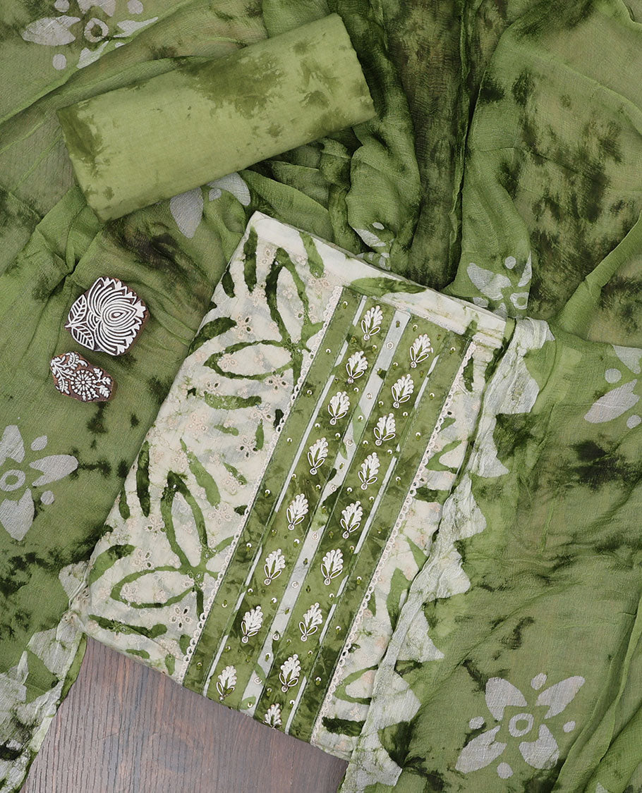 Green material chudidhar set, batik-style print & neckwork top, batik-style print bottom & dupatta