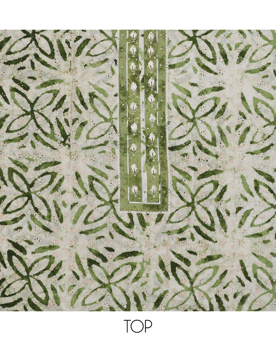 Green material chudidhar set, batik-style print & neckwork top, batik-style print bottom & dupatta