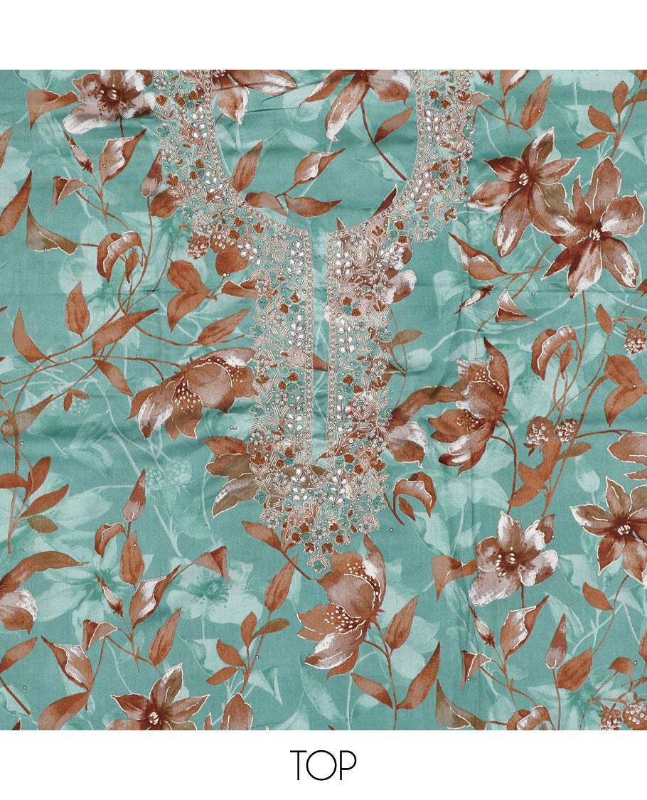 Blue material chudidhar set, floral print & embroidery top, plain bottom & sequins embroidered dupatta