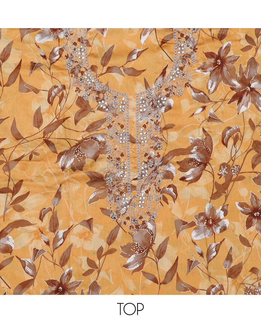 Orange material chudidhar set, floral print & embroidery top, plain bottom & sequins embroidered dupatta