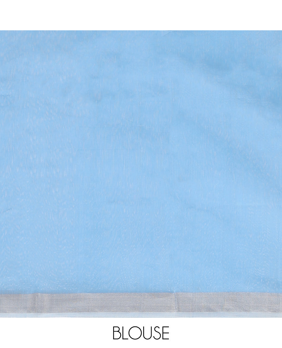 Blue chanderi cotton saree with buttas, self-border & pallu of leaf designs