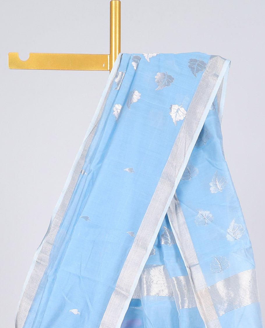 Blue chanderi cotton saree with buttas, self-border & pallu of leaf designs