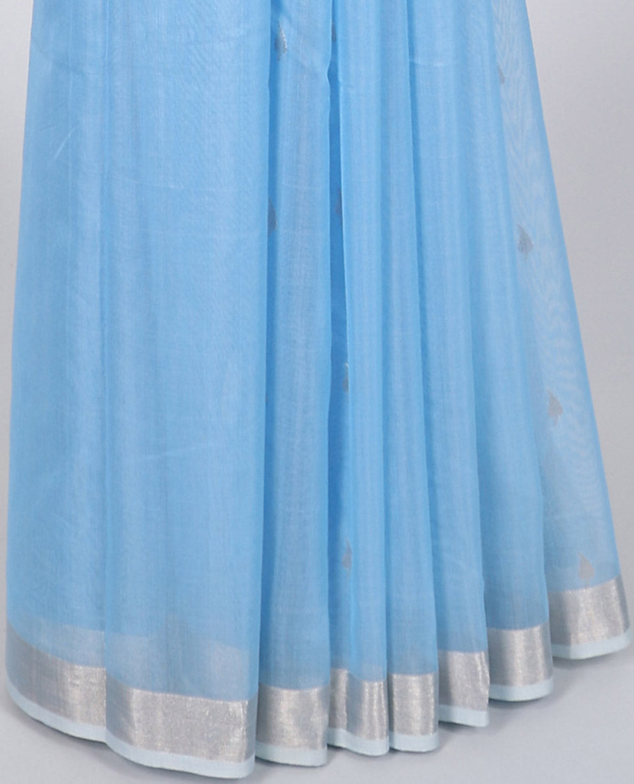 Blue chanderi cotton saree with buttas, self-border & pallu of leaf designs