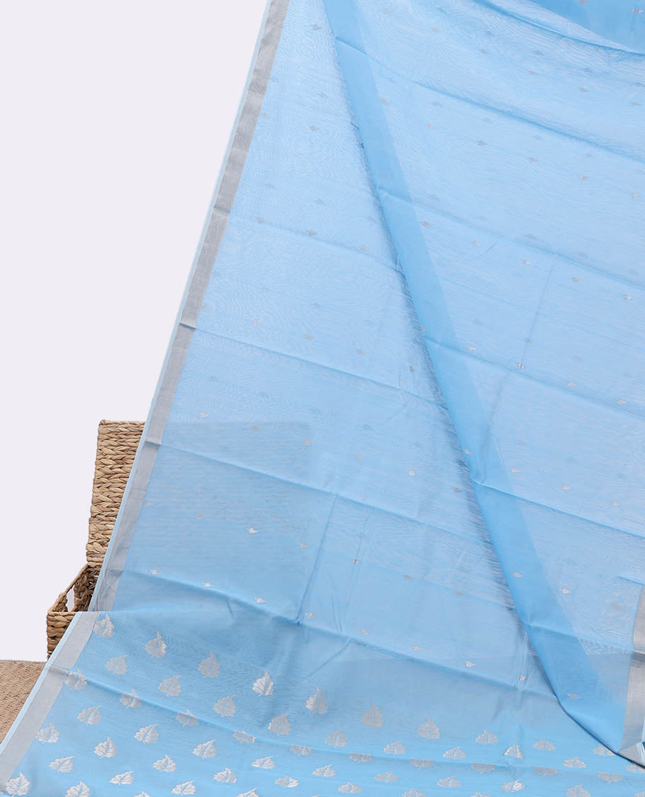 Blue chanderi cotton saree with buttas, self-border & pallu of leaf designs