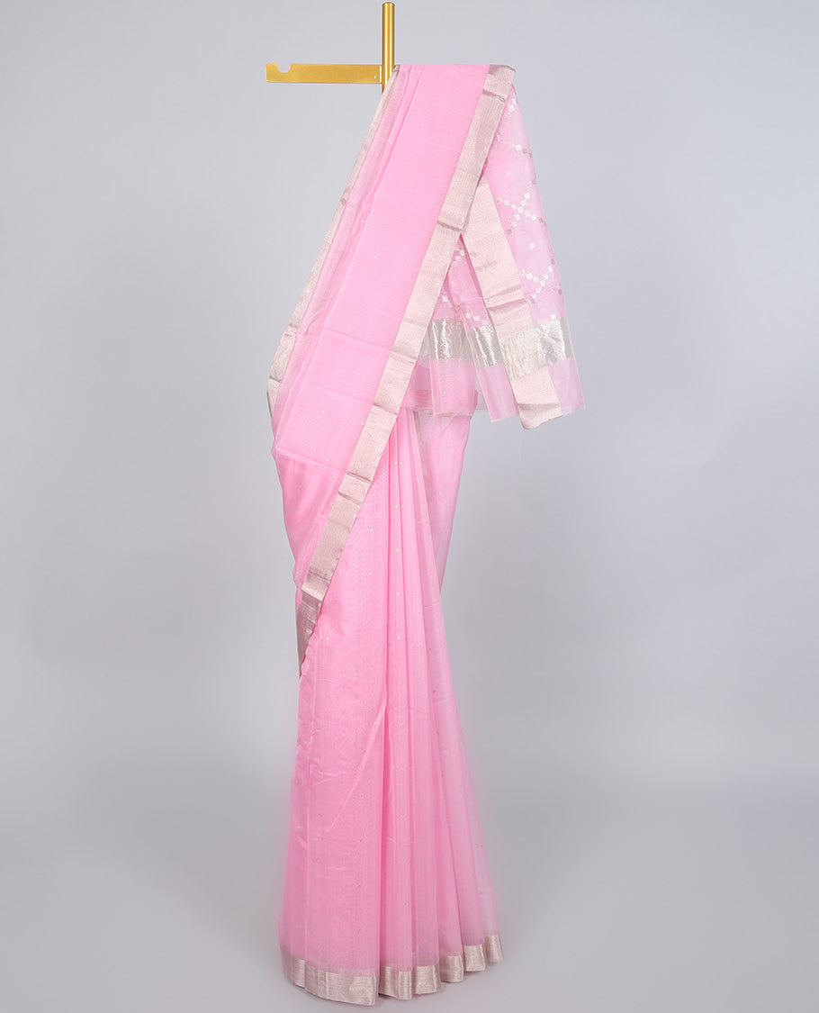 Pink chanderi cotton saree with all-over buttas, self-border & pallu of jaal designs