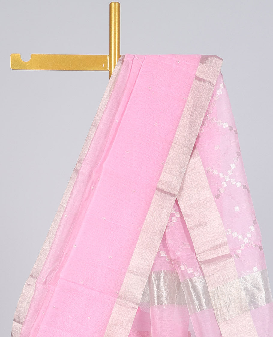 Pink chanderi cotton saree with all-over buttas, self-border & pallu of jaal designs
