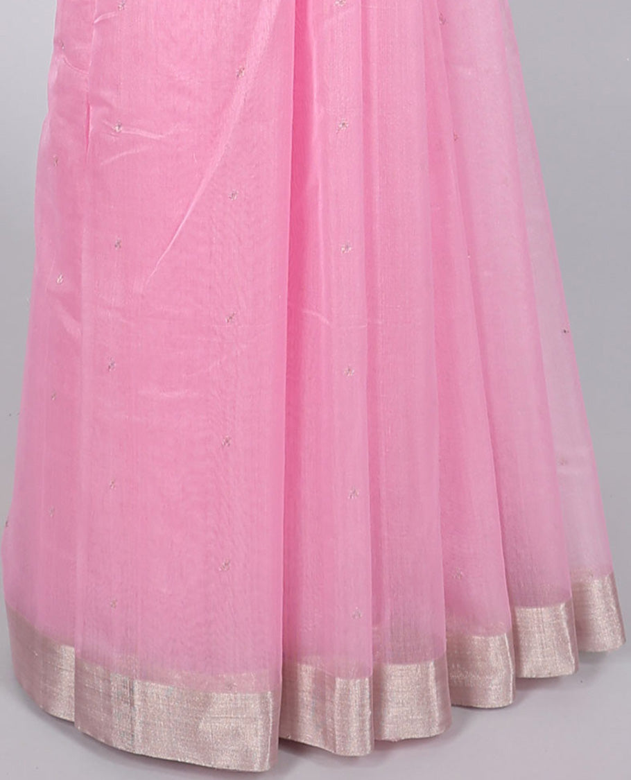 Pink chanderi cotton saree with all-over buttas, self-border & pallu of jaal designs