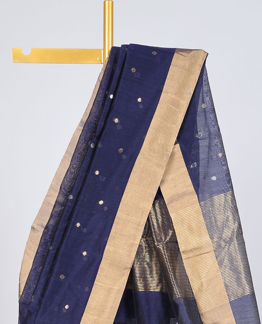 Blue chanderi cotton saree with all-over buttas, plain border & pallu of stripes