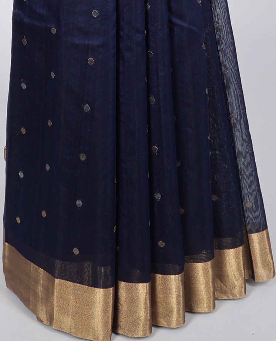 Blue chanderi cotton saree with all-over buttas, plain border & pallu of stripes