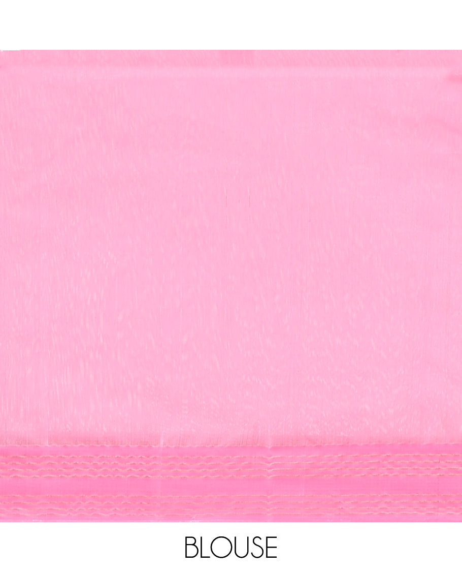 Pink chanderi cotton saree with all-over buttas, traditional design border & pallu of floral designs
