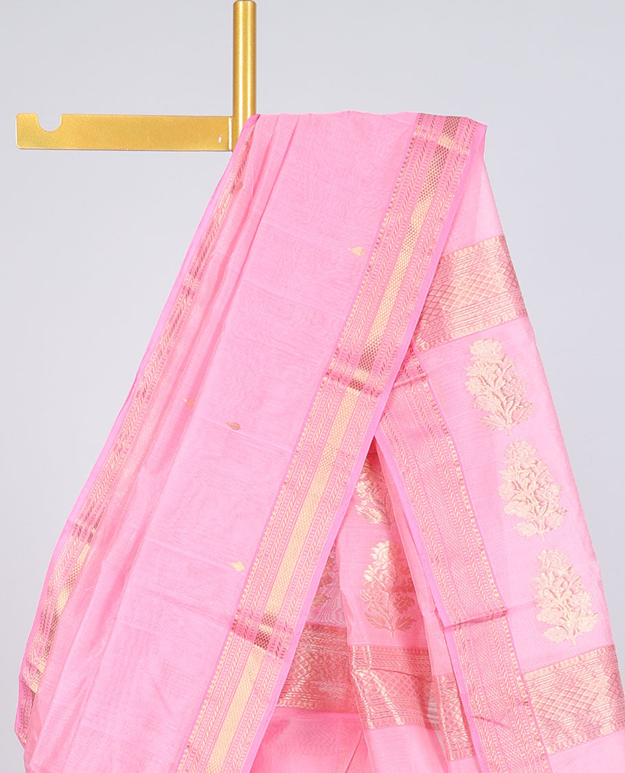 Pink chanderi cotton saree with all-over buttas, traditional design border & pallu of floral designs