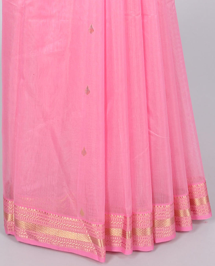Pink chanderi cotton saree with all-over buttas, traditional design border & pallu of floral designs