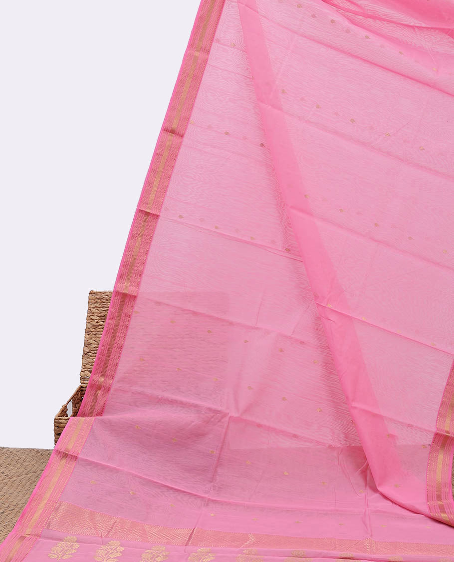 Pink chanderi cotton saree with all-over buttas, traditional design border & pallu of floral designs