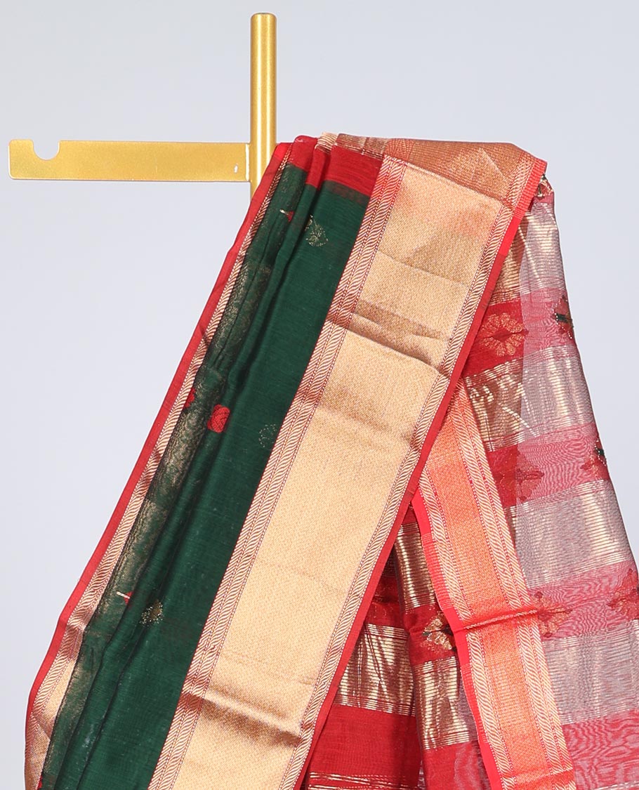 Green chanderi cotton saree with all-over buttas, zari border & pallu of zari designs
