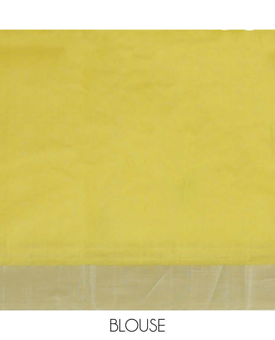 Yellow chanderi cotton saree with all-over buttas, zari border & pallu of stripes