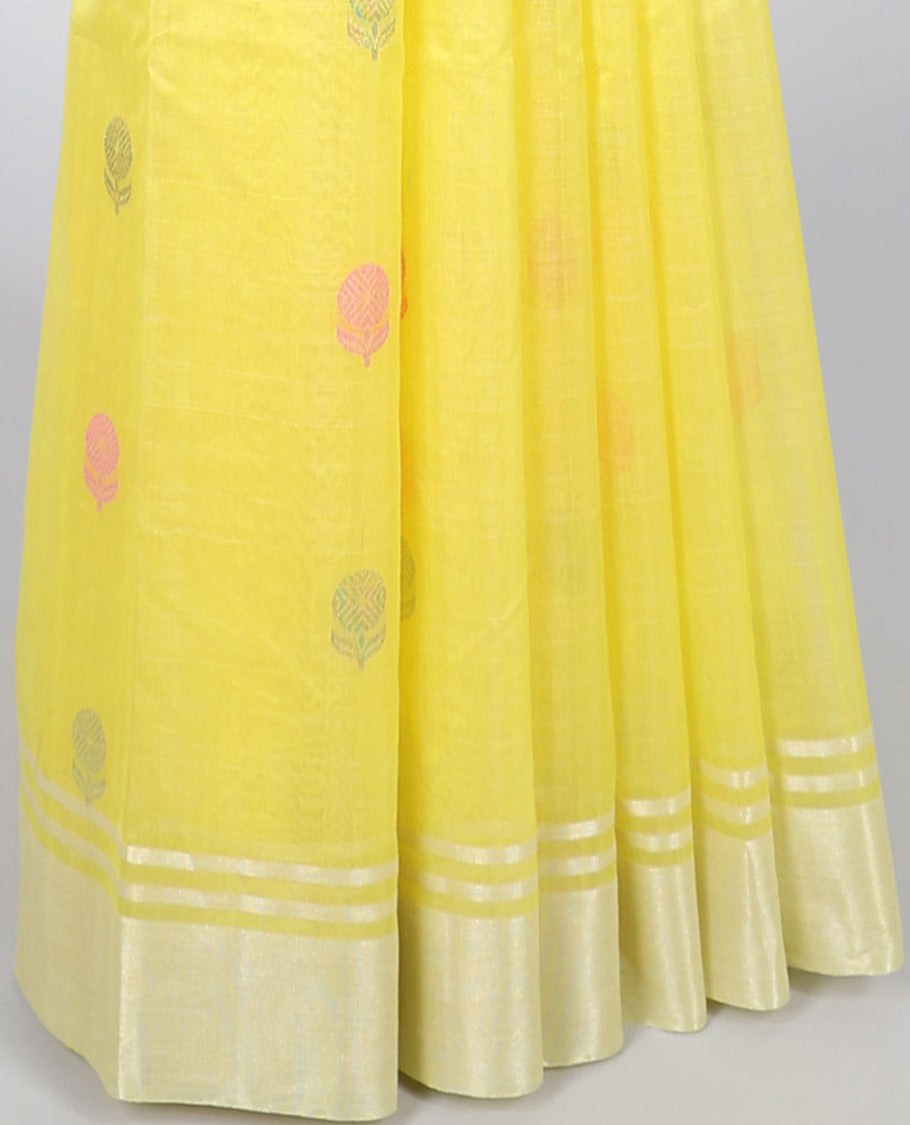 Yellow chanderi cotton saree with all-over buttas, zari border & pallu of stripes