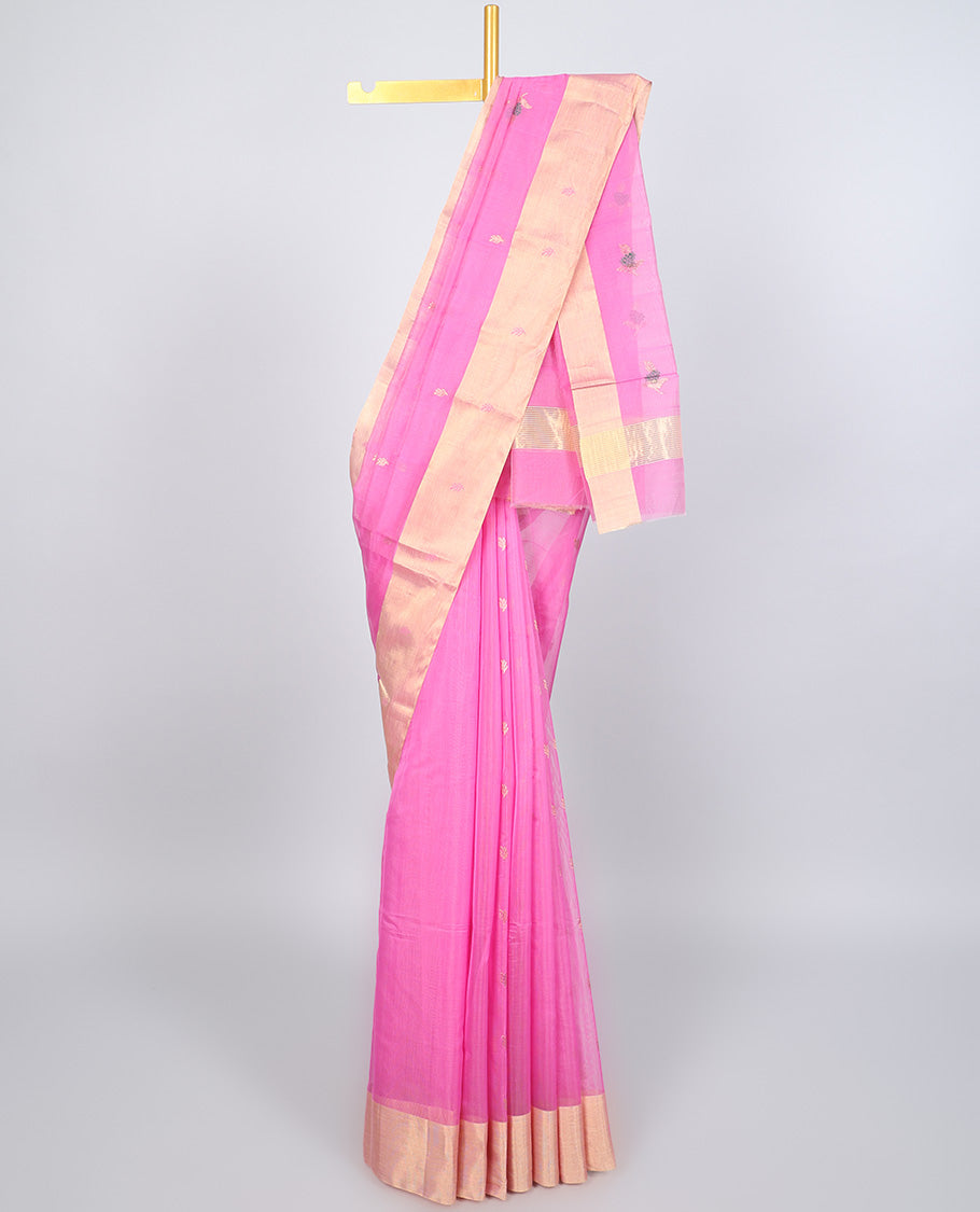 Pink chanderi cotton saree with all-over buttas, self-border & pallu of floral designs