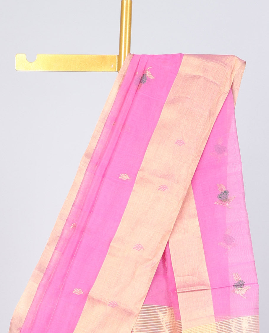 Pink chanderi cotton saree with all-over buttas, self-border & pallu of floral designs