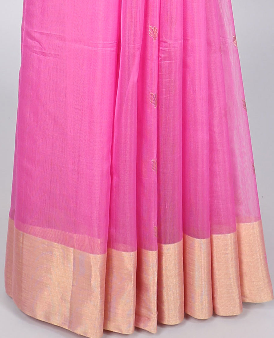 Pink chanderi cotton saree with all-over buttas, self-border & pallu of floral designs