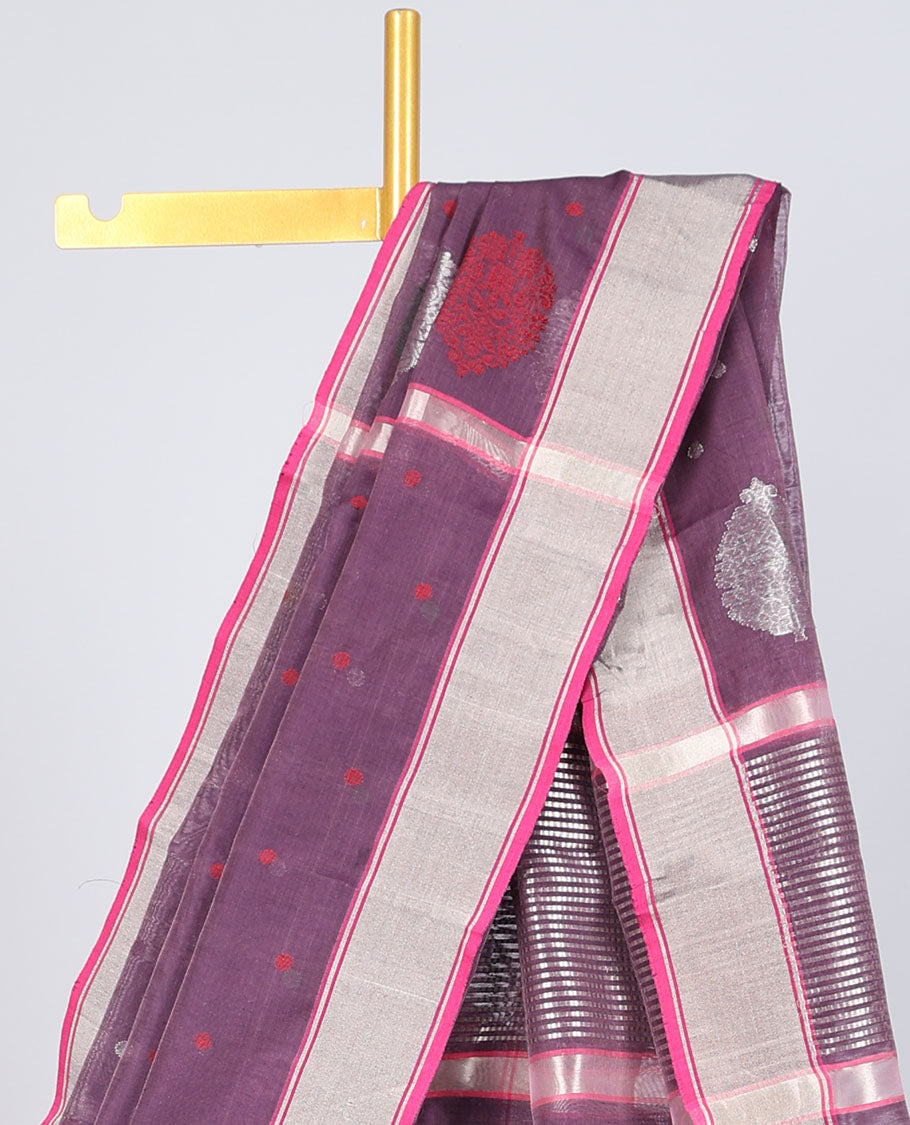 Purple chanderi cotton saree with all-over buttas, contrast border & pallu of stripes