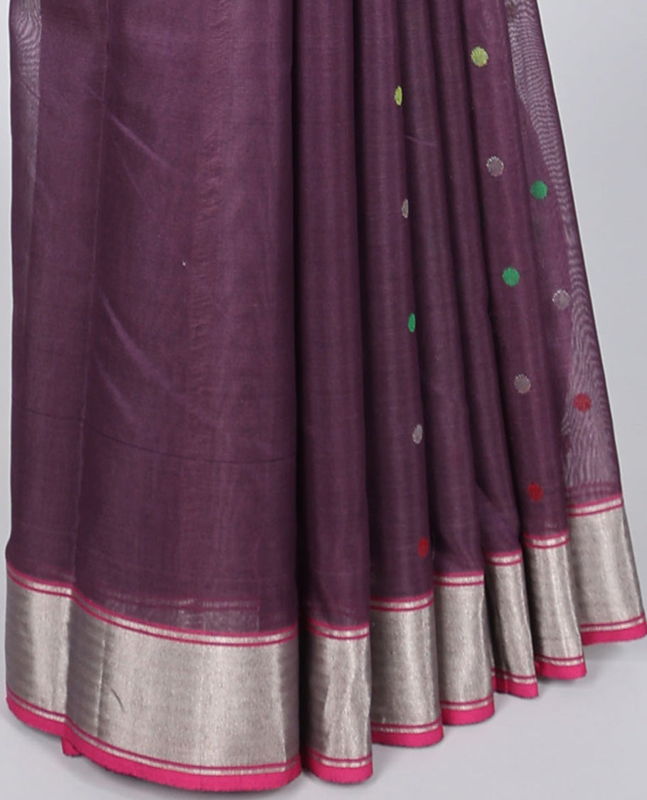 Purple chanderi cotton saree with all-over buttas, contrast border & pallu of stripes