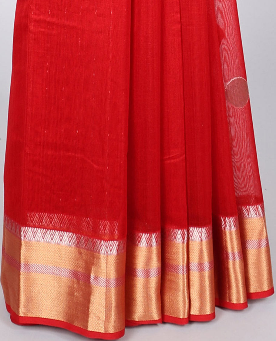 Red chanderi cotton saree with all-over buttas, zari border & pallu of zari designs