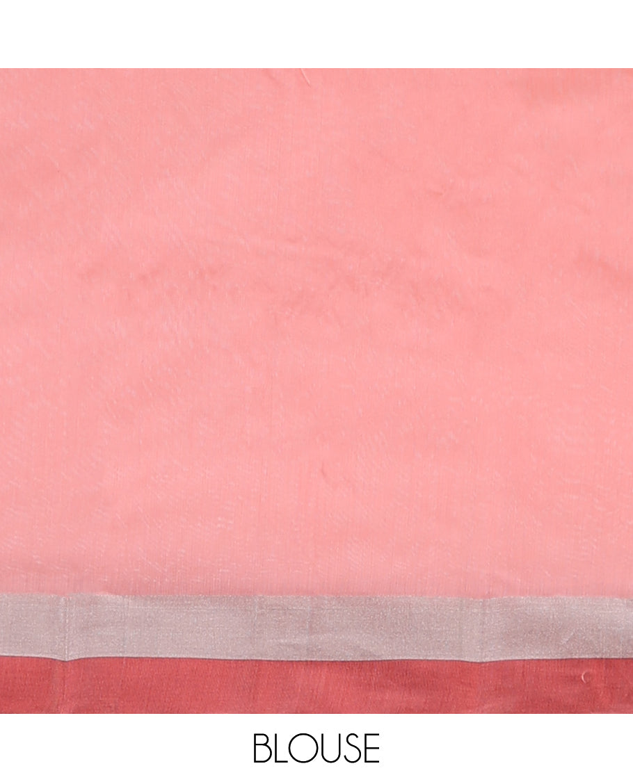Peach chanderi cotton saree with all-over bird buttas, self-border & pallu of stripes